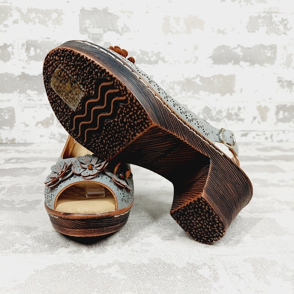 New Patrizia Spring Step Slingback Blue Floral Laser Cut Peep Toe Sandals i589 - Picture 10 of 15